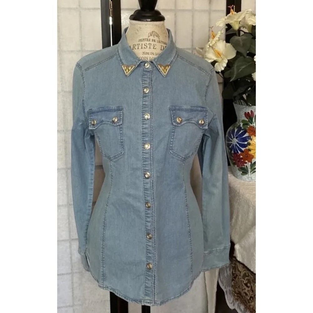 Vintage Cristina V embellished bling Crystal Western Country Denim Shirt Top M - Picture 10 of 12